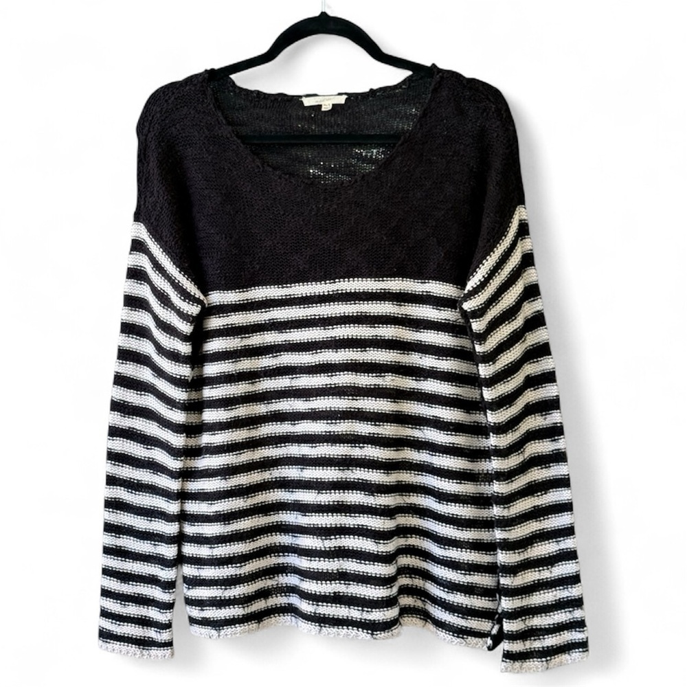 Mystree Striped Fuzzy Open Knit Sweater - Black & White​​​
